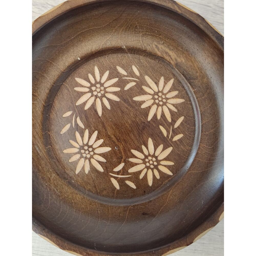 Vintage Swiss Musical REUGE Wood Carved Floral Dish Pedestal Stand Plate Round - Picture 3 of 10
